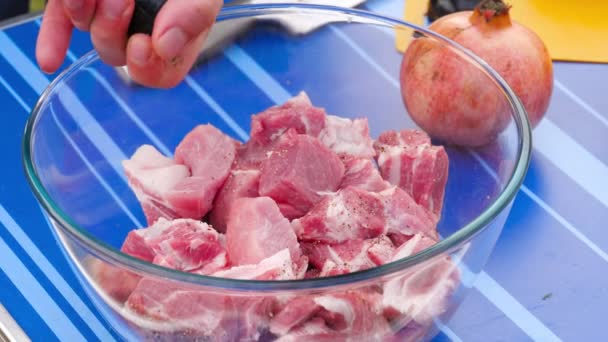 Pieprz ludzki grillujący mięso — Wideo stockowe