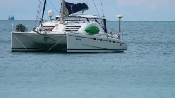 Lyx yacht nära tropiska stranden — Stockvideo