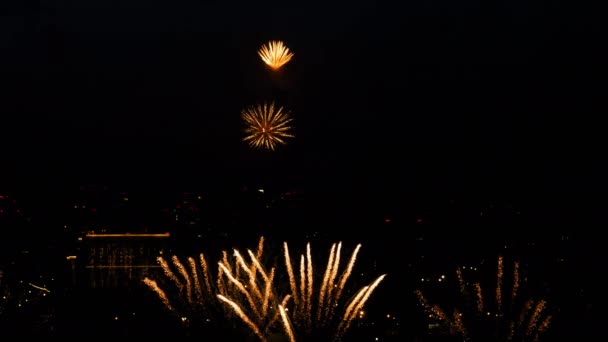 Vuurwerk met stadsgezicht in de schemering — Stockvideo