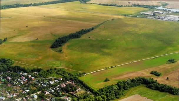 Airplane landing over houses, forests and fields — Wideo stockowe