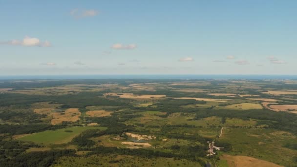 The plane flies over forests, fields, sea — стоковое видео