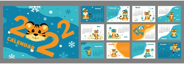 Calendrier Horizontal Vectoriel 2022 Avec Symbole Année Tigre Mignon Personnage — Image vectorielle