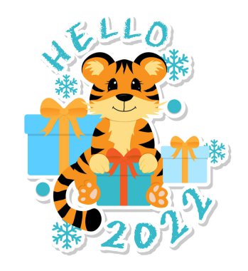  Üzerinde 2022 yılının sembolü olan çıkartma. Yeni yılda hediyelerle oturan şirin bir kaplan. Sosyal medya iletişimi, ağ oluşturma, web sitesi rozetleri, tebrik kartları için renkli tasarım.