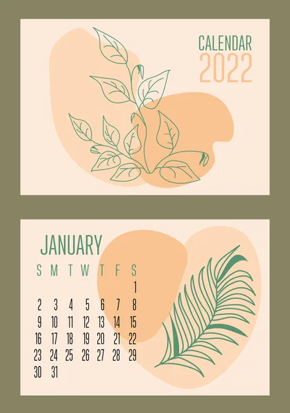 矢量水平日历2022年与抽象的蓝宝石和植物流行的当代拼贴风格 周开始于周日 封面和1月份尺寸为A3 用彩色纸设计 — 图库矢量图片