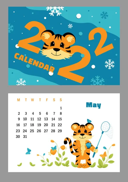 Vektor Horisontell Kalender 2022 Med Symbol För Året Tiger Söt — Stock vektor