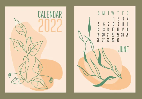Vektor Vertikal Kalender 2022 Med Abstrakta Former Och Växter Trendig — Stock vektor