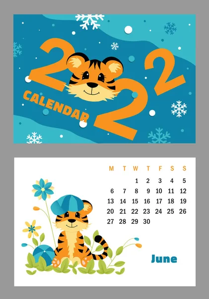 Calendrier Horizontal Vectoriel 2022 Avec Symbole Année Tigre Mignon Personnage — Image vectorielle