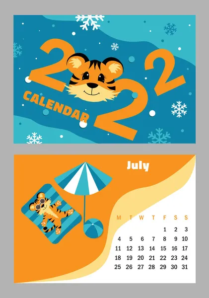 Διανυσματικό Οριζόντιο Ημερολόγιο 2022 Σύμβολο Του Έτους Τίγρη Χαριτωμένος Αστείος — Διανυσματικό Αρχείο