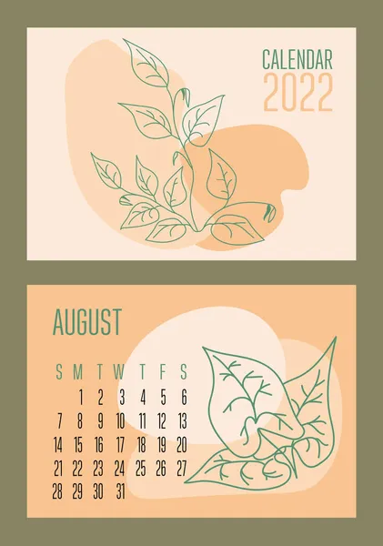 矢量水平日历2022年与抽象的蓝宝石和植物流行的当代拼贴风格 周开始于周日 封面和8月的A3 A5尺寸 用彩色粉刷设计 Eps10 — 图库矢量图片