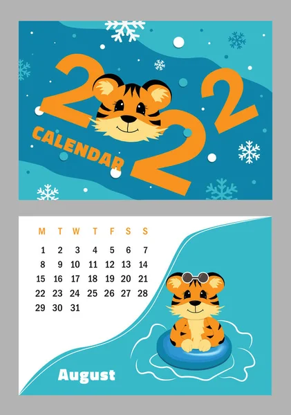 Wektor Kalendarz Poziomy 2022 Symbolem Roku Tygrysa Śliczny Zabawny Tygrysik — Wektor stockowy