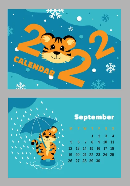 Wektor Kalendarz Poziomy 2022 Symbolem Roku Tygrysa Śliczny Zabawny Tygrysik — Wektor stockowy