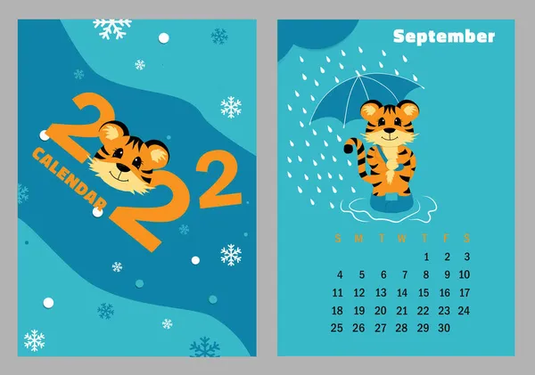 Wektorowy Kalendarz Pionowy 2022 Symbolem Roku Tygrys Śliczny Zabawny Tygrysik — Wektor stockowy