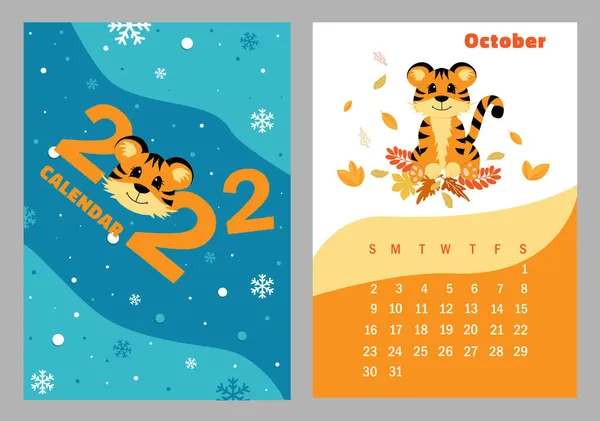 矢量的垂直日历2022年与年老虎的符号 有趣的性格小老虎 周开始于周日 一套10月的页面 尺寸为A3 多姿多彩的设计Eps10 — 图库矢量图片