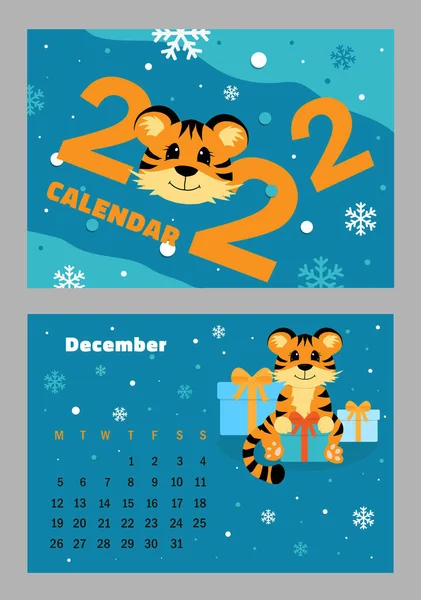 Calendario Horizontal Vectorial 2022 Con Símbolo Del Año Tigre Lindo — Vector de stock