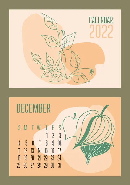 矢量水平日历2022年与抽象的蓝宝石和植物流行的当代拼贴风格 周开始于周日 A5尺寸的封面和页12月 用彩色粉刷设计 Eps10 — 图库矢量图片