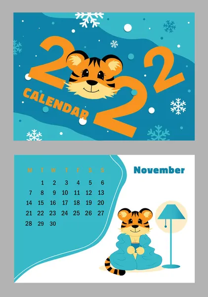 Vetor Calendário Horizontal 2022 Com Símbolo Tigre Ano Bonito Personagem — Vetor de Stock