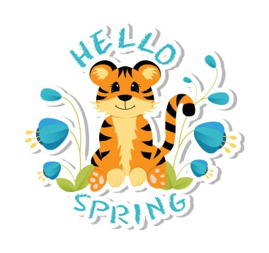 Üzerinde 2022 yılının sembolü olan çıkartma. Bahar çiçekleriyle oturan şirin bir kaplan. Sosyal medya iletişimi, ağ oluşturma, web sitesi rozetleri, tebrik kartları için renkli tasarım.