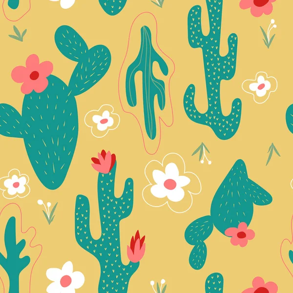 Seamless pattern with cactus, flowers, grass. Colorful design for fabric, gift paper, posters, wallpaper, social media banner, background, cover and print on a different product.