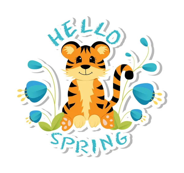 Üzerinde 2022 yılının sembolü olan çıkartma. Bahar çiçekleriyle oturan şirin bir kaplan. Sosyal medya iletişimi, ağ oluşturma, web sitesi rozetleri, tebrik kartları için renkli tasarım.