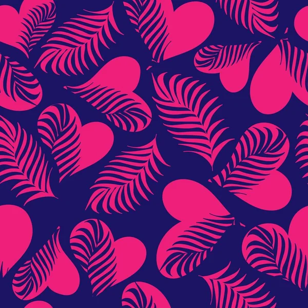 Płynny Wzór Ręcznie Rysowane Różowe Serca Liście Palmowe Projekt Moda — Wektor stockowy