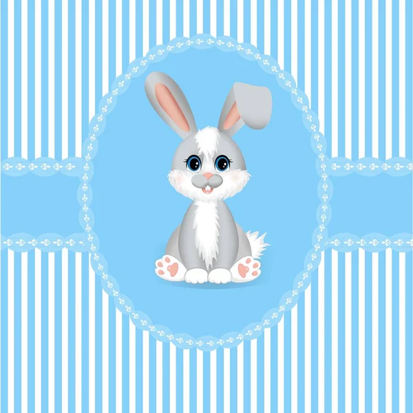 Carte Postale Voeux Avec Bandes Bleues Blanches Petit Lapin Lièvre — Image vectorielle