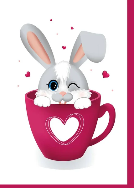 Happy Valentine Day Greeting Postcard Pink Hearts Little Rabbit Hare Vettoriale Stock