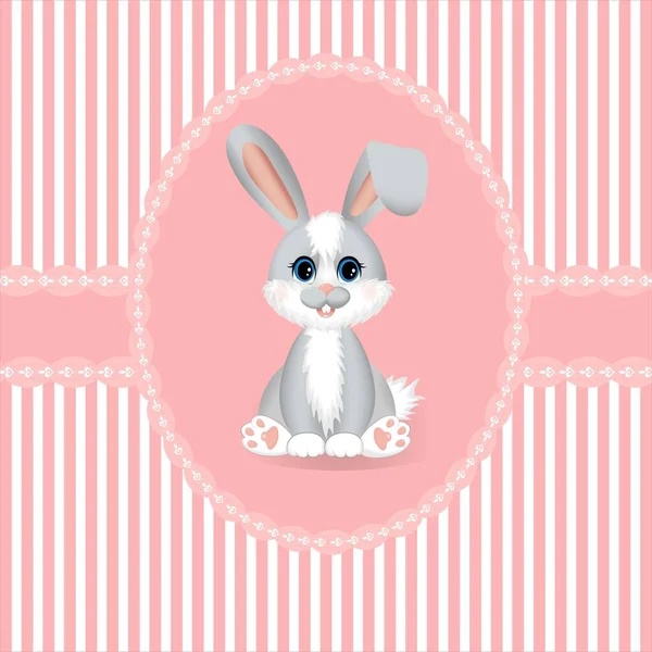 Greeting Postcard Pink White Strips Little Rabbit Hare Design Girl — стоковый вектор