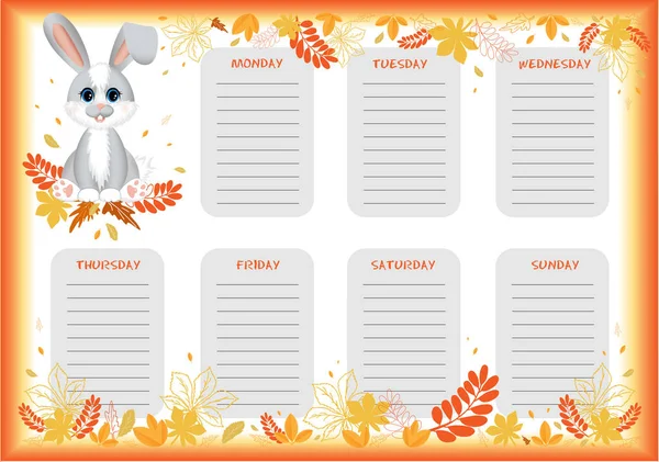 School Weekly Daily Planner Cute Little Hare Rabbit Colorful Autumn — Wektor stockowy