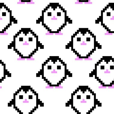  Beyaz arka planda penguenler olan kusursuz bir desen. Kumaş, tekstil, kapak, afiş ve poster için piksel tasarım. EPS10.