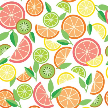 Limon, portakal, limon, greyfurt, kivi ve beyaz arka planda yapraklarla kusursuz desen. Tekstil tasarımı, taze narenciye suyu, kumaş baskı, kapak, ambalaj veya duvar kağıdı için kullanılabilir.