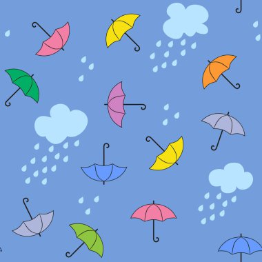 Mavi zemin üzerinde çok renkli şemsiyeler, bulutlar ve yağmur damlaları olan yağmursuz bir desen. Çocuk duvar kâğıdı ya da kumaş baskısı için şirin bir çizgi film tasarımı.