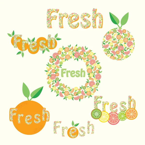 オレンジ レモン ライム グレープフルーツ キウイと単語で明るいベクトルセット柑橘系のパターンでいっぱい新鮮な 新鮮な柑橘系ジュースのエンブレム ステッカー ロゴやラベルのためのデザイン — ストックベクタ