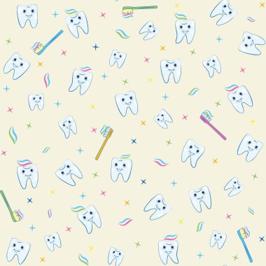 Çizgi film dişleri, diş fırçası ve açık sarı arka planda diş macunu olan kusursuz bir desen. Çocuk diş tasarımı, çocuk dişçiliği, ambalaj kağıdı, tekstil baskısı için mükemmel..