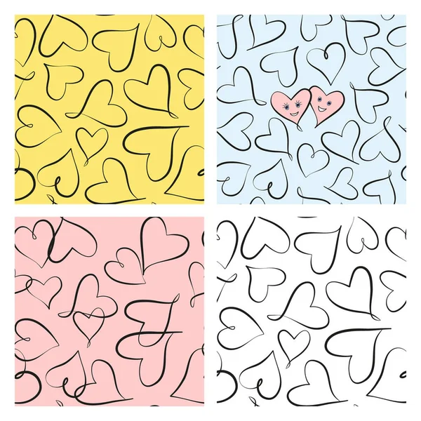Set Seamless Vector Backgrounds Cute Cartoon Hearts White Pink Blue — Stock Vector