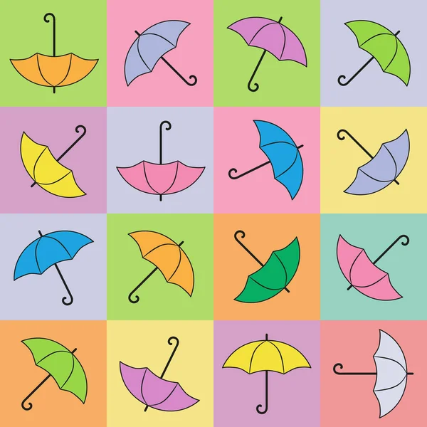 Seamless Pattern Multicolored Umbrellas Squares Cute Cartoon Design Kids Wallpaper — Stock Vector