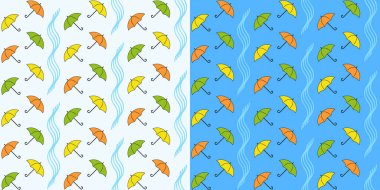 Renkli şemsiyeleri ve mavi arka planda yağmuru olan pürüzsüz desenler. Çocuk duvar kağıtları, çocuk odası dekorasyonu veya kumaş baskısı için şirin bir tasarım..