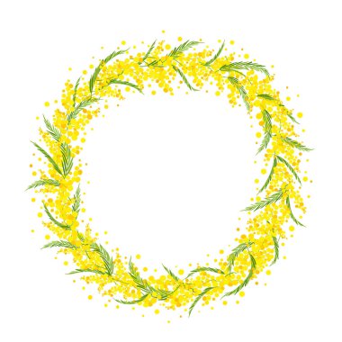 Beyaz arka planda mimoza çiçekli bahar çelengi. Tebrik kartı için vektör yuvarlak çerçevesi. 8 Mart için tasarım.