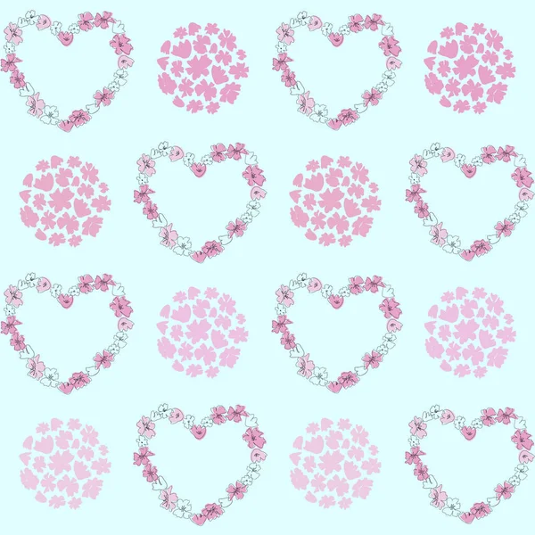 Patrón Romántico Sin Costuras Corazones Florales Rosas Transparentes Círculos Florales — Vector de stock