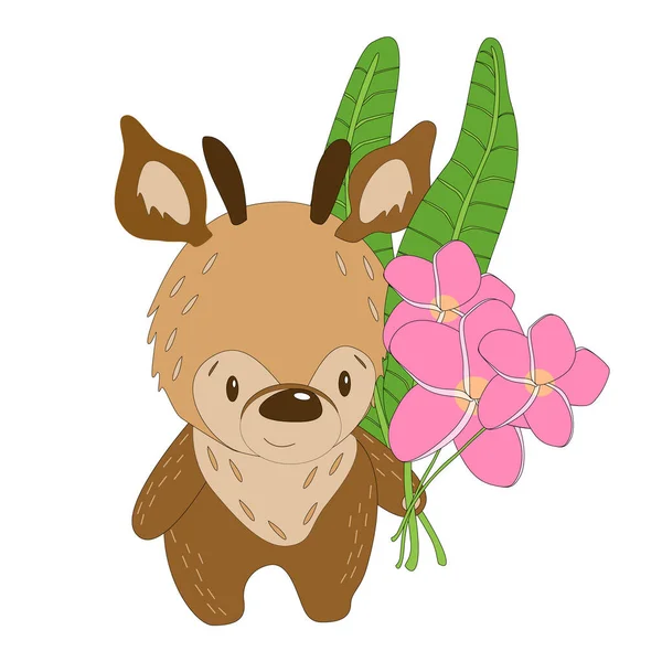 Mignon Dessin Animé Bébé Cerf Avec Des Fleurs Plumeria Isolé — Image vectorielle