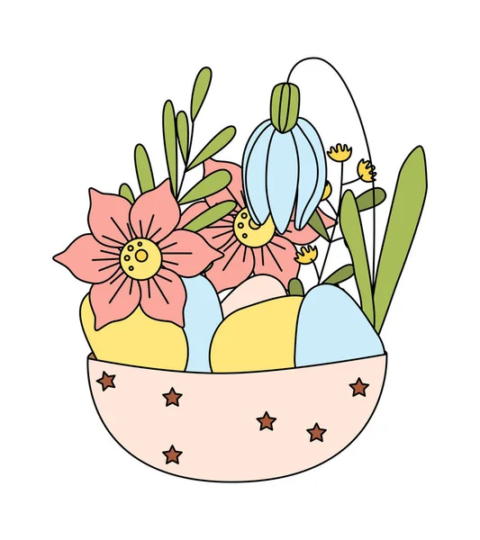 Ilustración de Pascua de primavera, tazón de flores y huevos — Vector de stock
