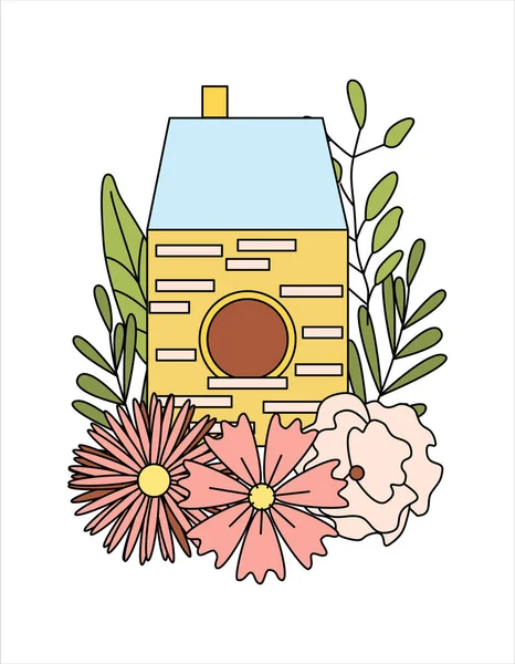 Frühling Ostern Illustration, Vogelhaus mit Blumen Komposition — Stockvektor