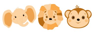 Çizgi film hayvanları fil, aslan ve maymun kafaları izole edilmiş.