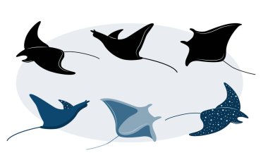 Stingray silhouette set and stylized, Manta ray. Oval background