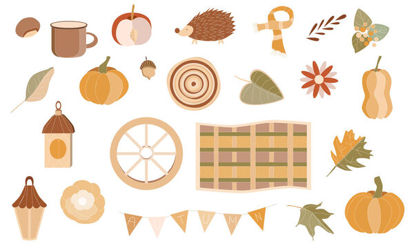 Set of autumn elements, falling leaves, a cute hedgehog, various pumpkins, lamps, flowers and leaves. Cliparts for scrapbook.