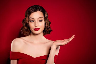 Çekici bir hanımın fotoğrafı. El ele tutuşun. Boş alan zengini nesne kırmızı kestane rengi arka planda izole.