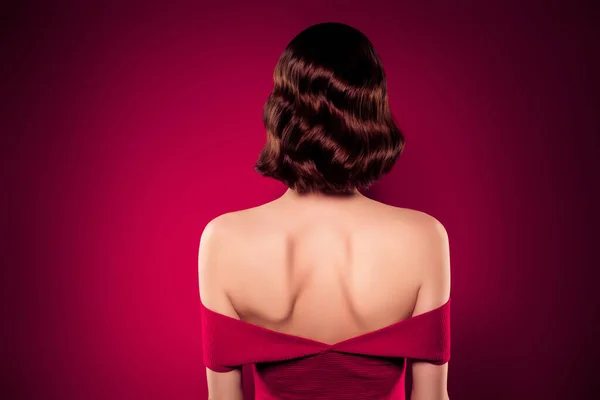 Zadní strana páteře pohled fotografie ženského modelu jemné oblečení bruneta vlasy izolované na gradient červená barva pozadí — Stock fotografie