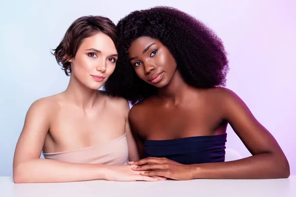 Photo of two charming passionate young people touch stack hands purity isolated on colorful background — Stock Photo, Image