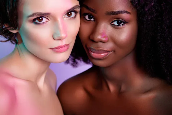Close up photo of two positive adorable young girls touch cheeks look camera perfect make up purity — Stock Photo, Image