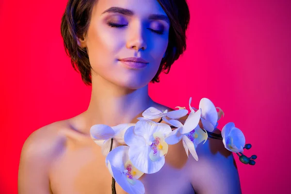 Oříznutý pohled portrét sen okouzlující dívka drží čerstvou orchidej izolované přes jasně červené vícebarevné barvy pozadí — Stock fotografie