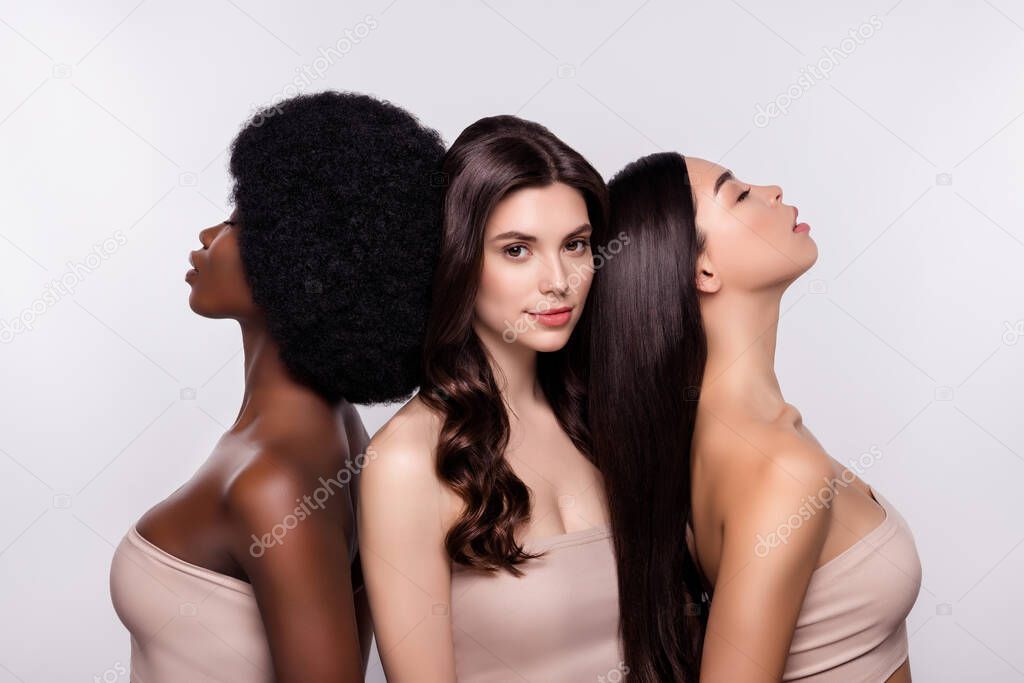 Photo of three young attractive girls skincare pampering pure soft detox isolated over grey color background